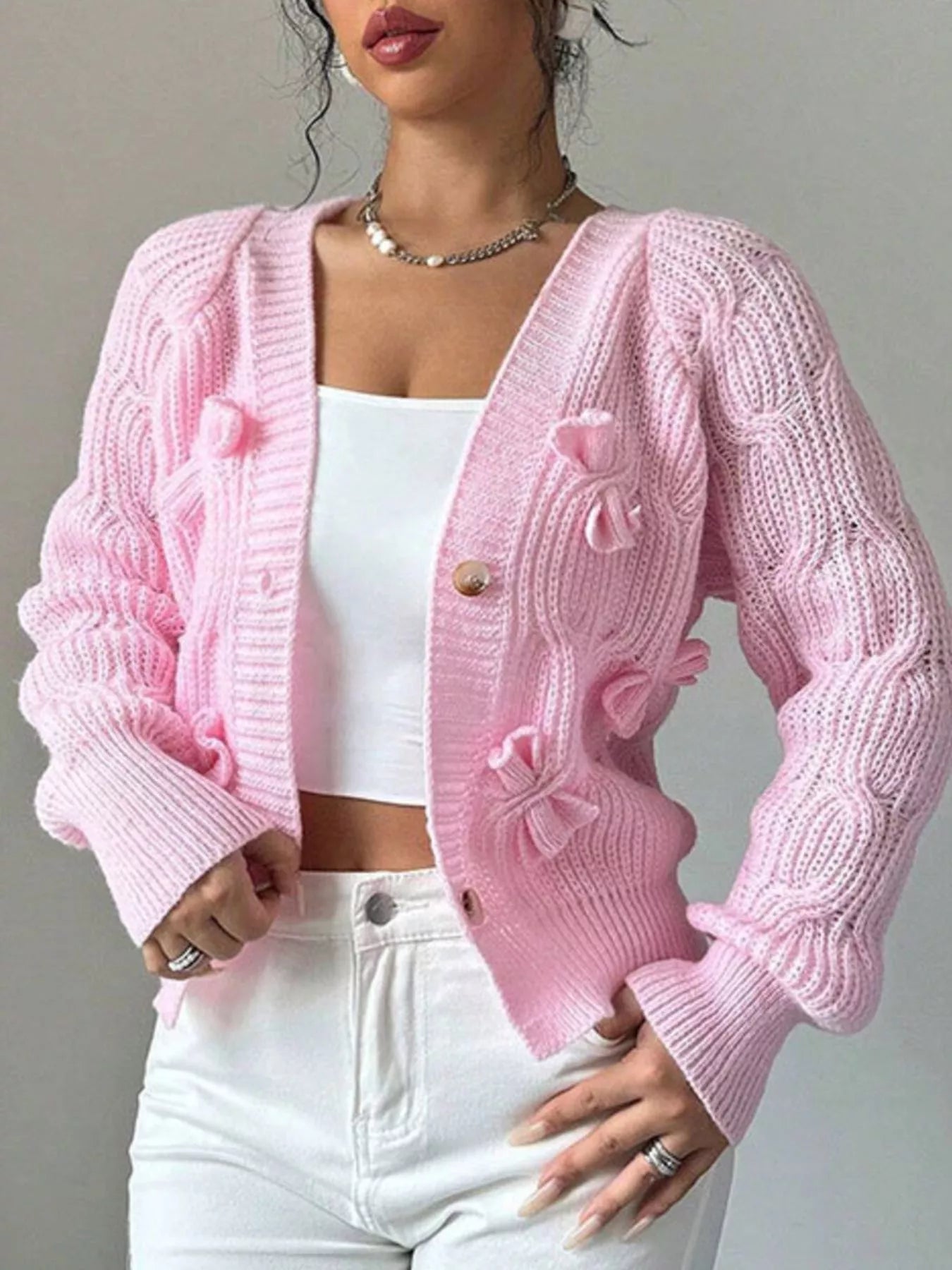 Trendsi Bow Cable Knit V-Neck Cardigan -