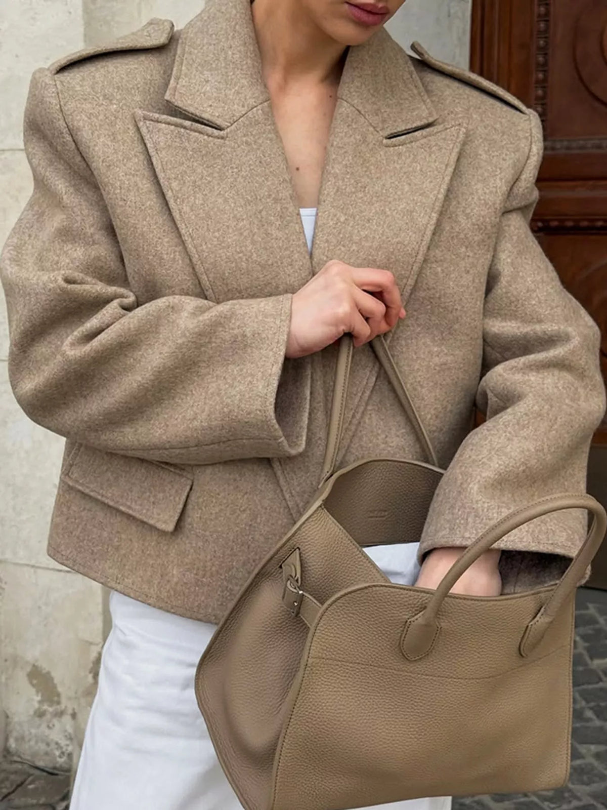 Collared long sleeve blazer, front view on model