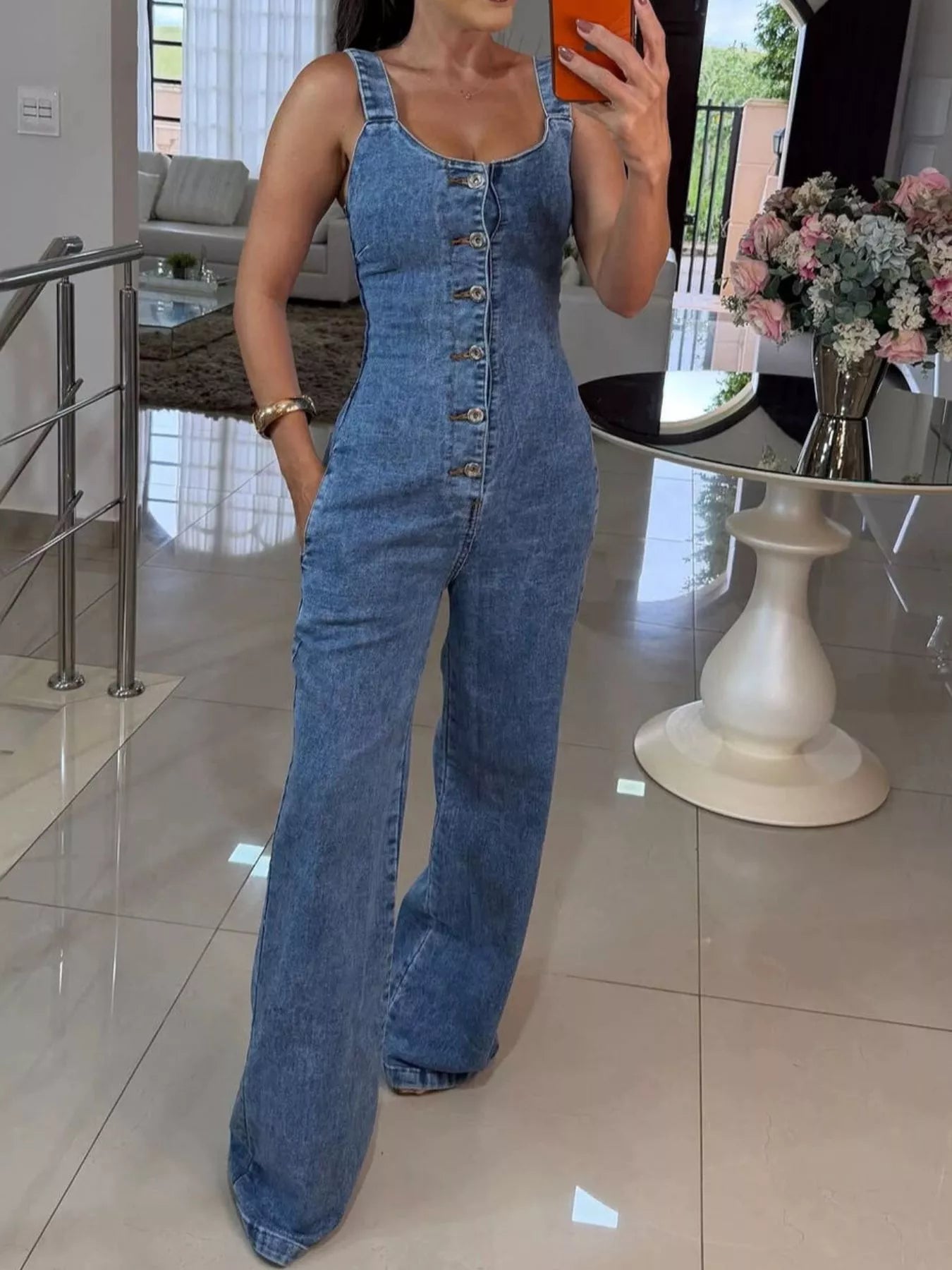 Trendsi Sleeveless Button Front Wide-Leg Denim Jumpsuit -