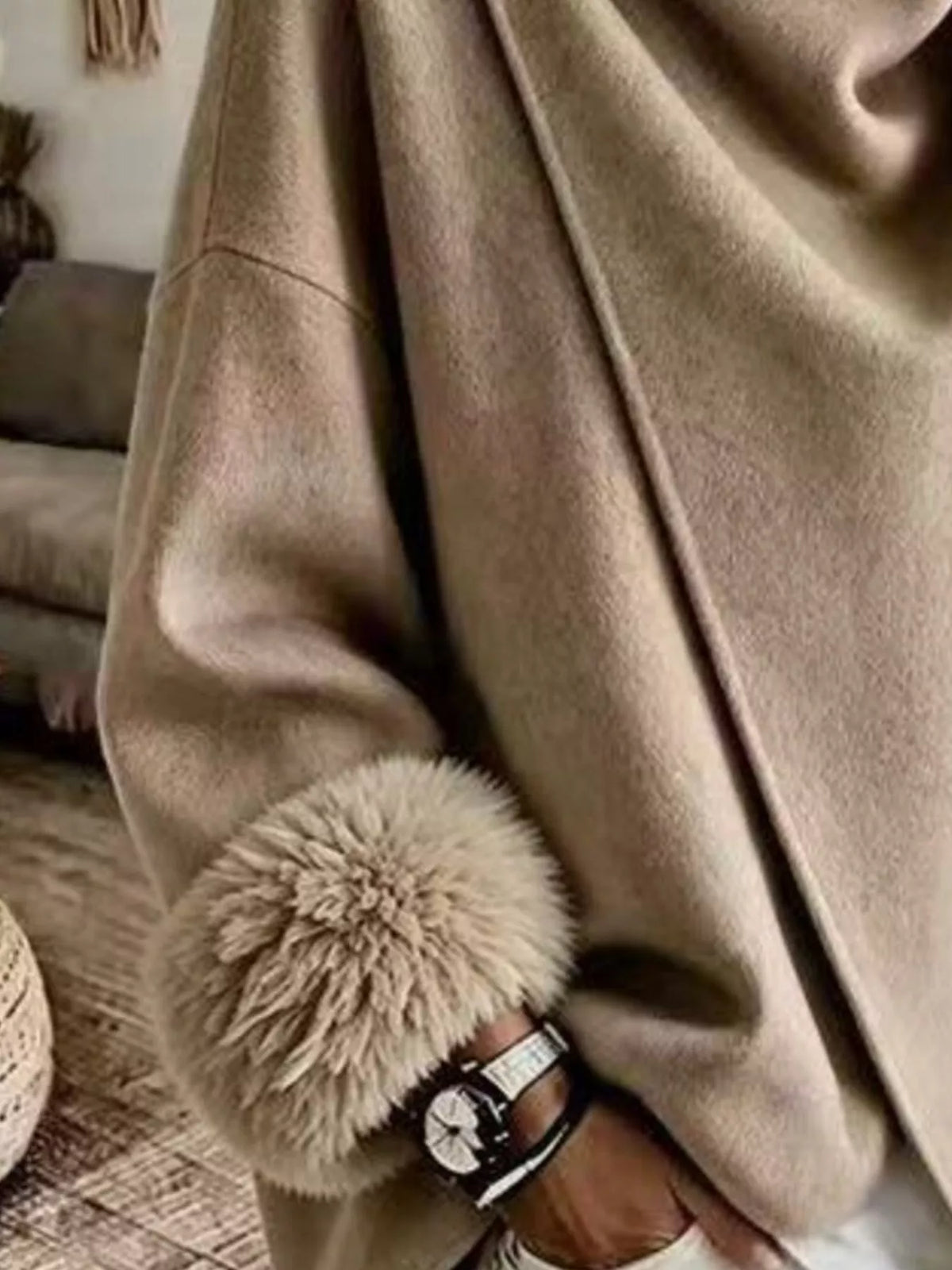 Asymmetric Buttoned Jacket with Faux Fur Cuffs, cuff detail