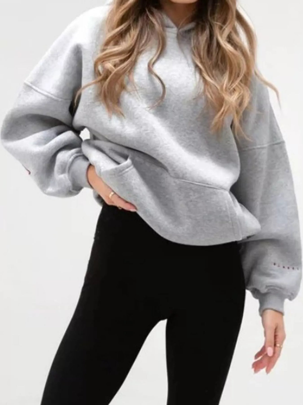 Light gray letter-print pullover hoodie with kangaroo pocket