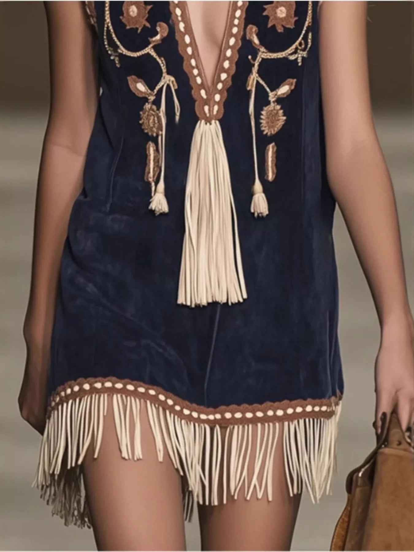 Embroidered fringe-hem sleeveless dress