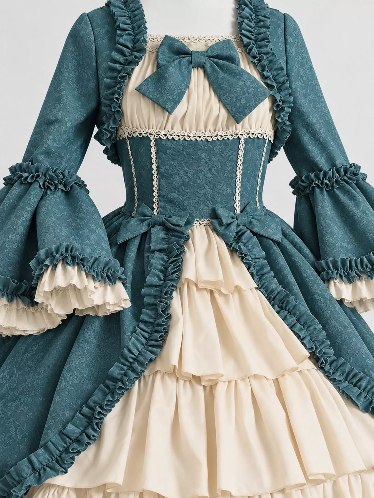 Vintage Lolita Ruffled Layered Dress, detail view in teal and cream