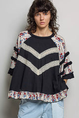 Trendsi POL Round Neck Half Sleeve Contrast Floral Lace Oversized Knit Top -