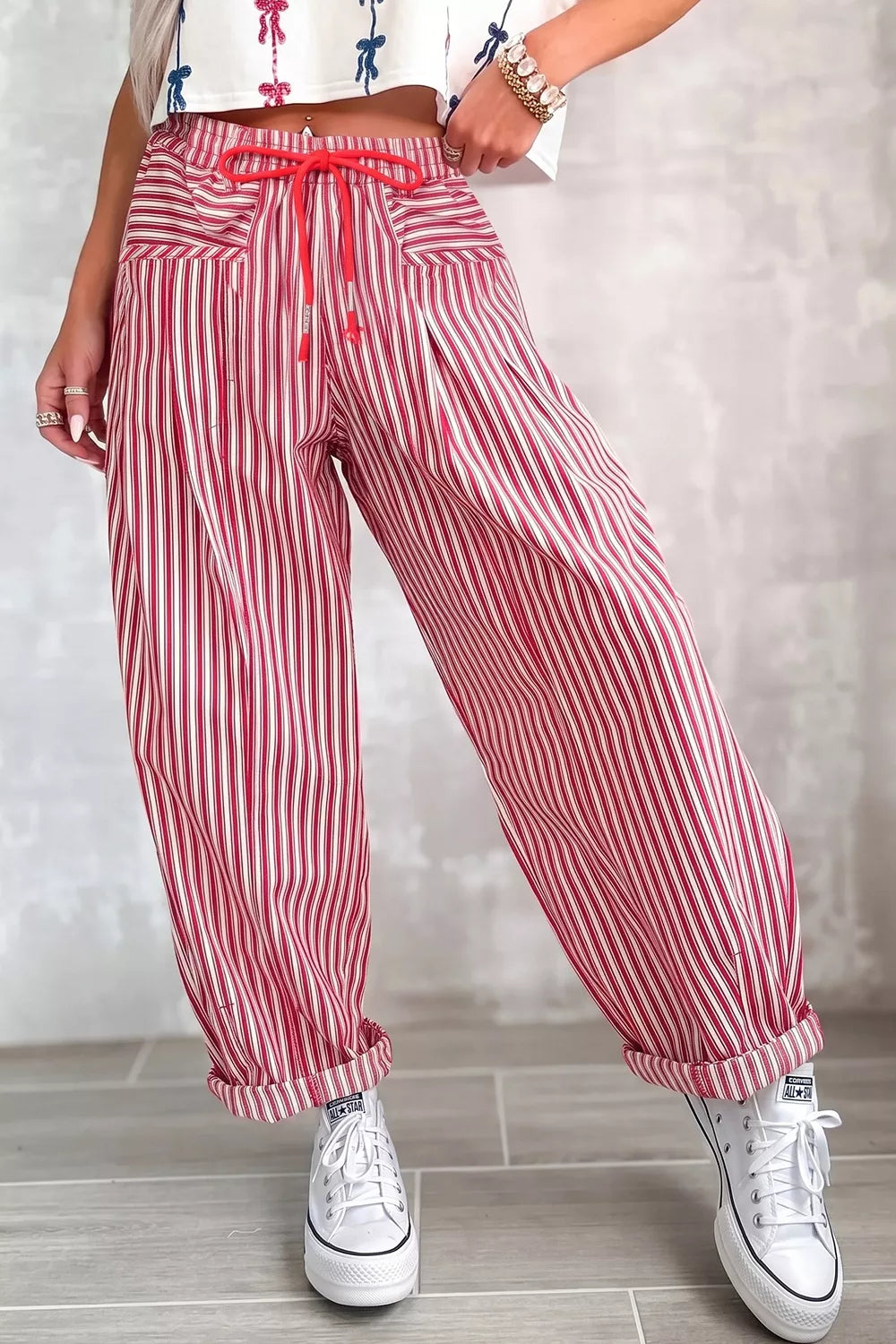 Trendsi Stripe Drawstring Casual Loose Pants -