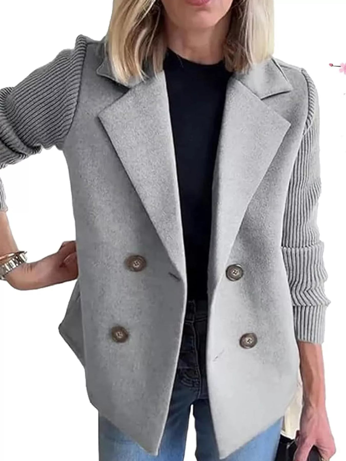 Light Blue double-breasted blazer with ribbed knit sleeves
