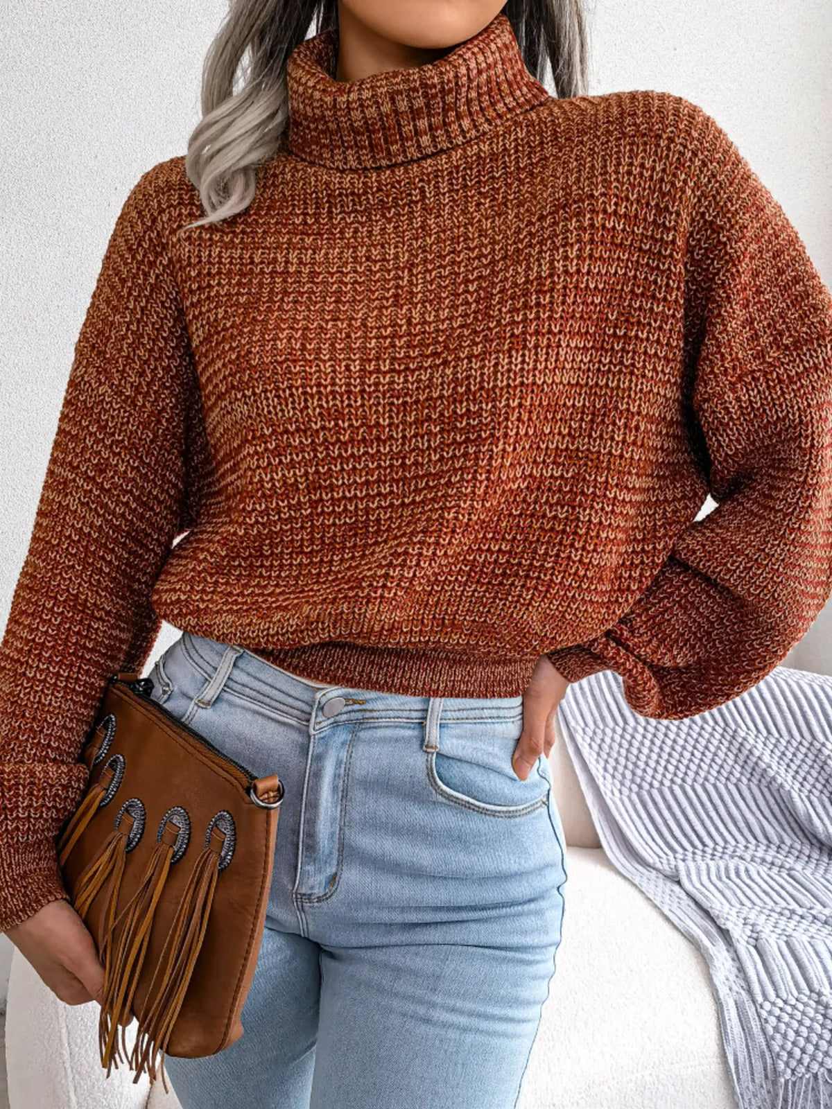 Turtleneck Dropped Shoulder Sweater in brown, front view
