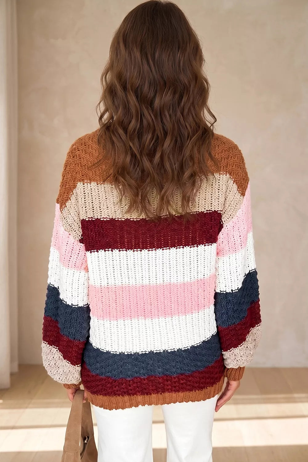 Trendsi Striped Knit Dropped Shoulder Round Neck Sweater -