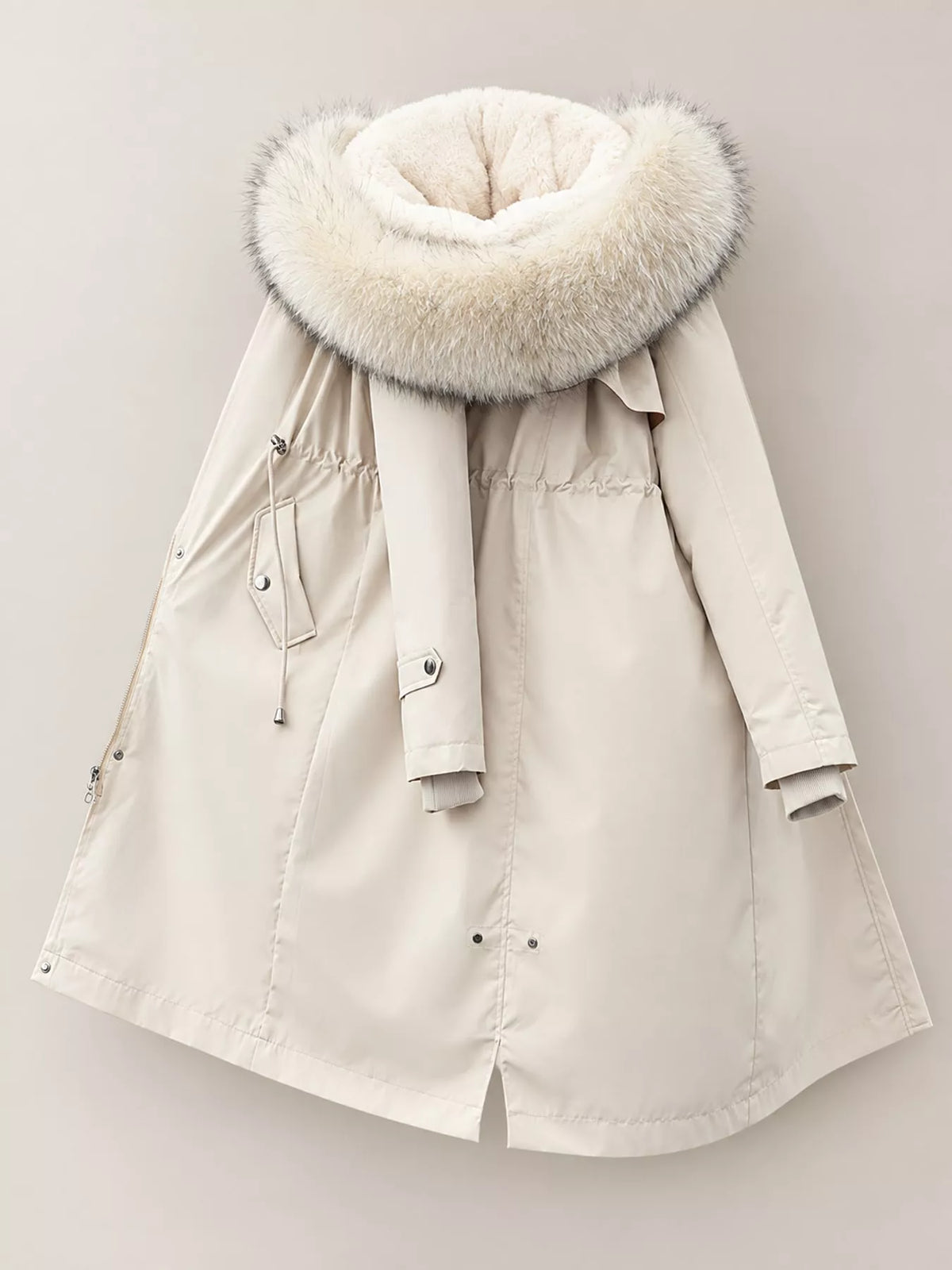 Faux-fur-trim parka, ivory hanging back