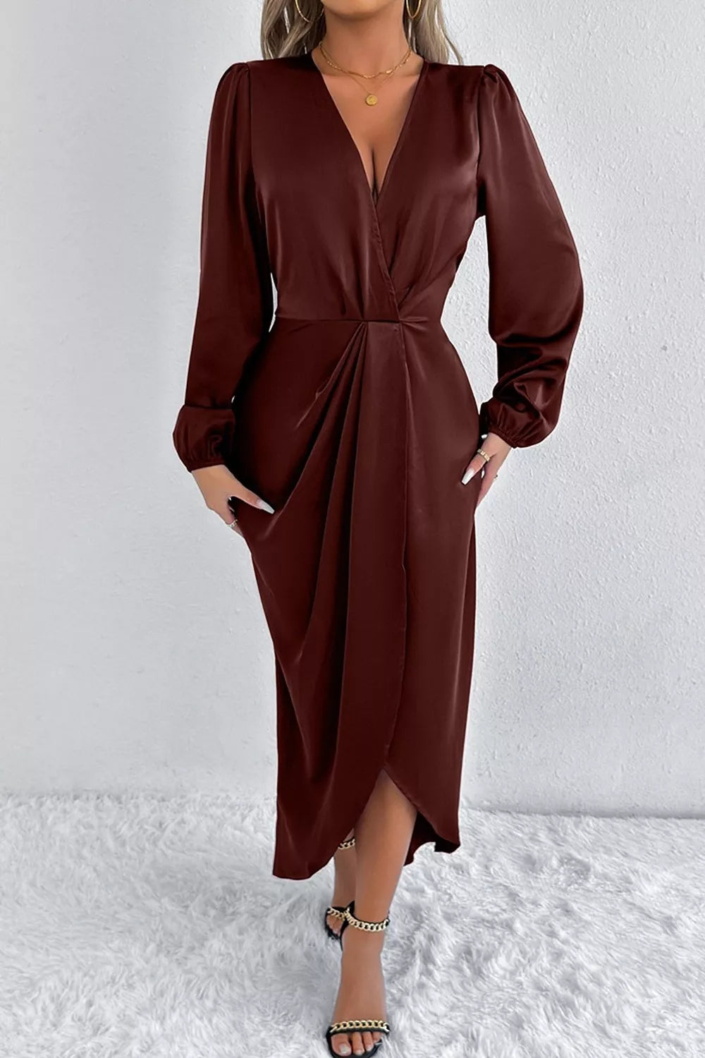 Trendsi Satin Balloon Sleeve Midi Dress -