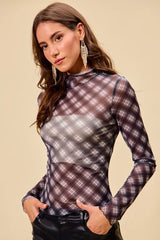 Trendsi SO ME Plaid Mesh Knit Long Sleeve Top with Thumb Opening -