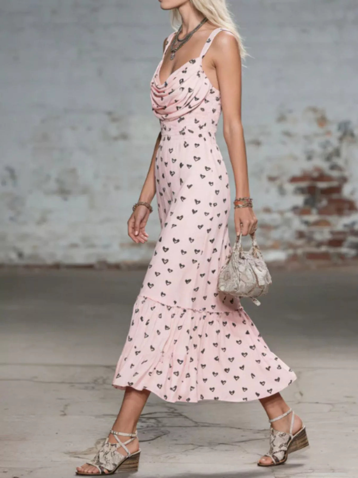 Trendsi Heart-Print Cowl Neck Midi Dress -