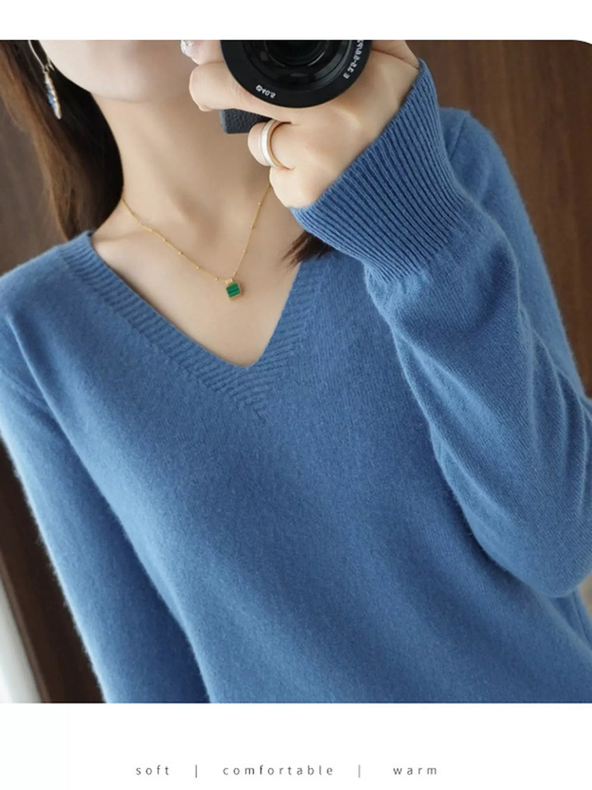 V-Neck Knit Sweater, detail view in blue