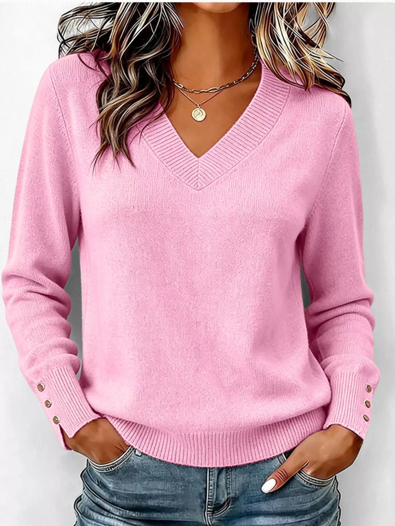 Trendsi V-Neck Long Sleeve Sweater w -