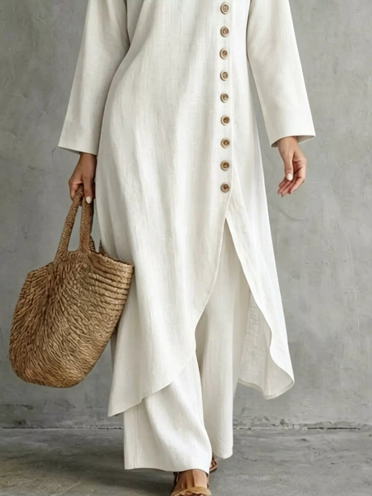White longline top and pants set, hem and pants detail