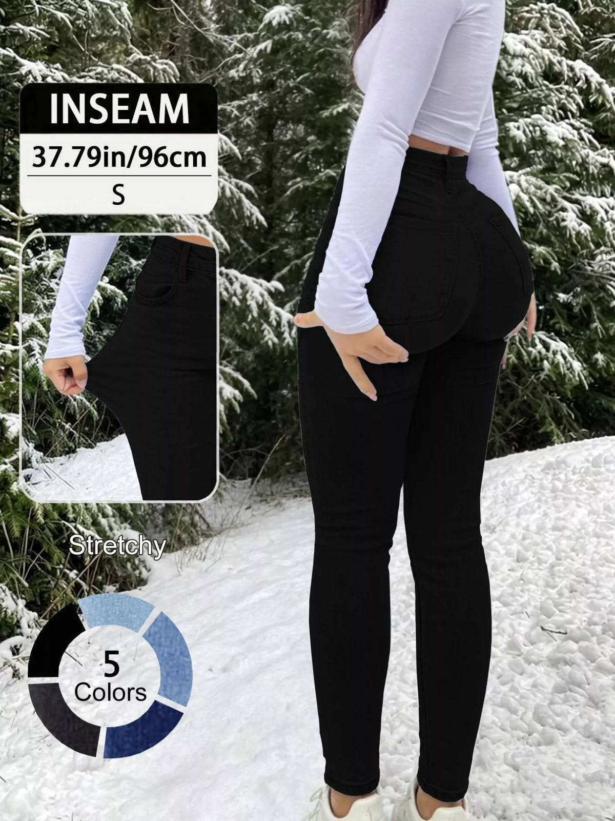 Skinny jeans, black back with measurement inset