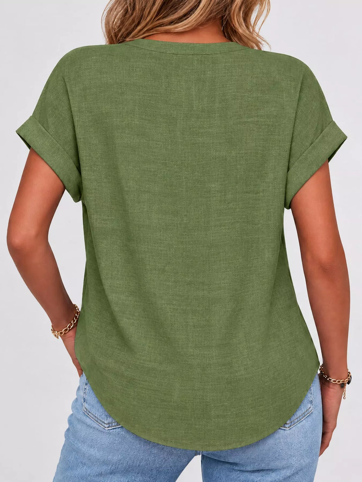 Olive green button detail short sleeve blouse, back view