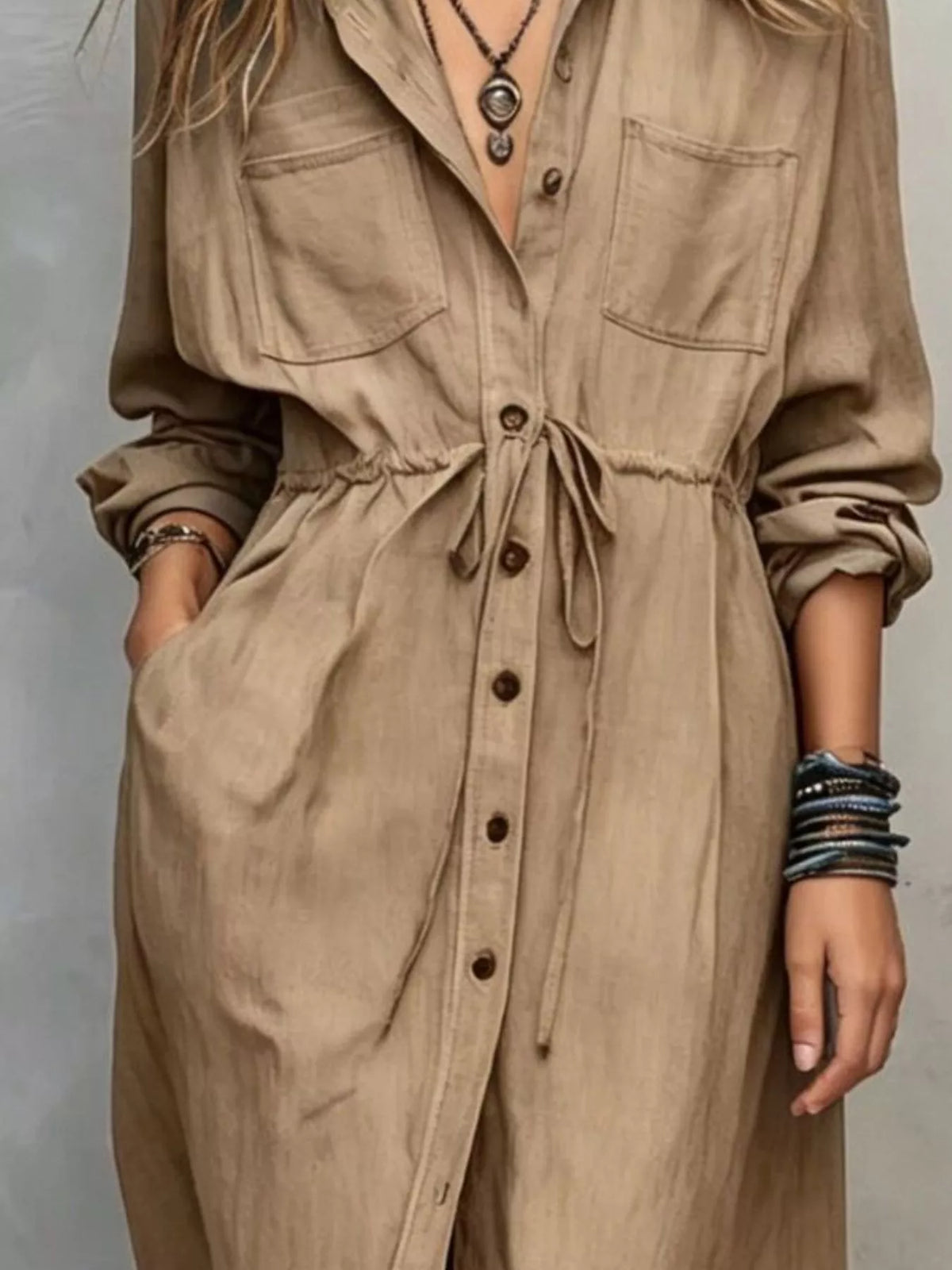 Camel Button-Front Long Sleeve Maxi Shirt Dress button-front and drawstring-waist detail