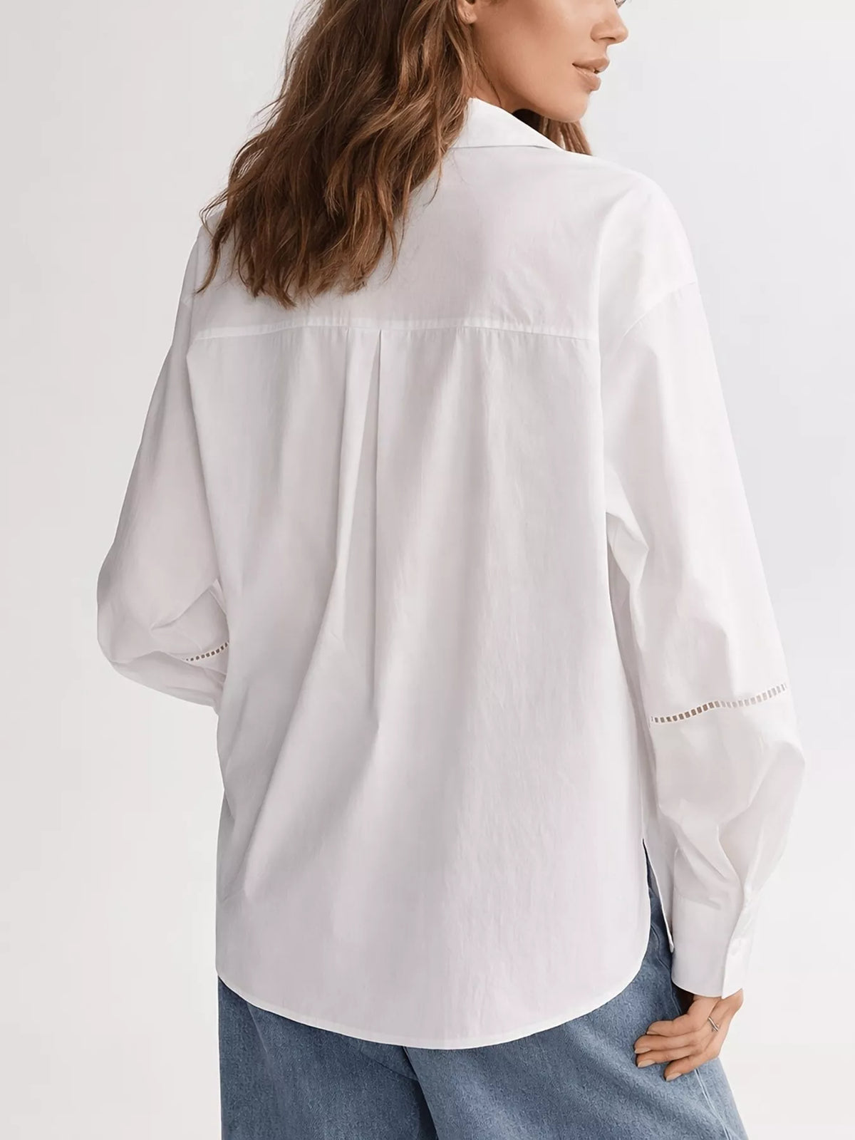 Women's Lace Detail Long Sleeve Shirt in white — back view