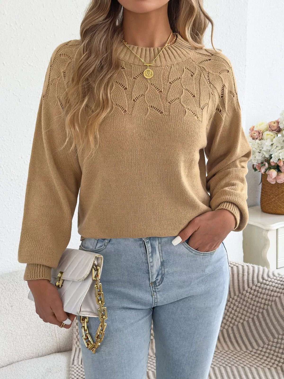 Khaki openwork crew neck sweater