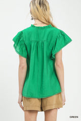 Trendsi Umgee Flutter Sleeve Relaxed Top with Trim Detail -