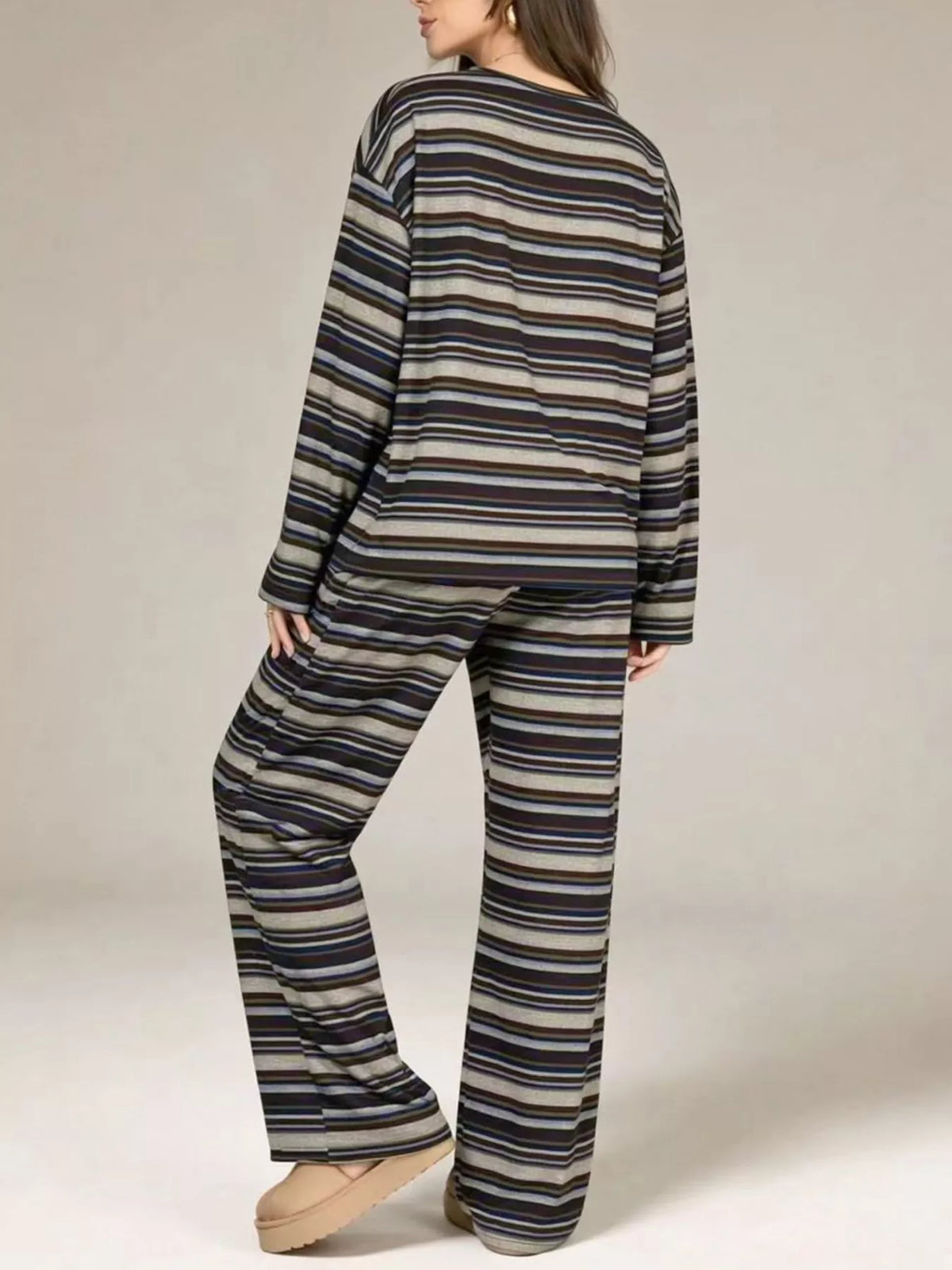 Trendsi Striped Long-Sleeve Top and Wide-Leg Pants Set -