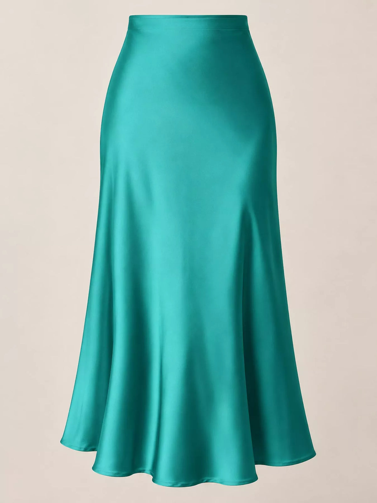 Satin midi skirt, teal flat front