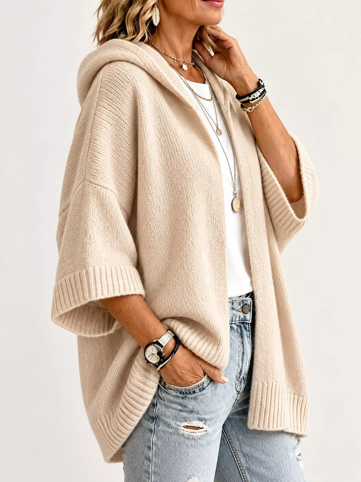 Hooded knit cardigan, beige side