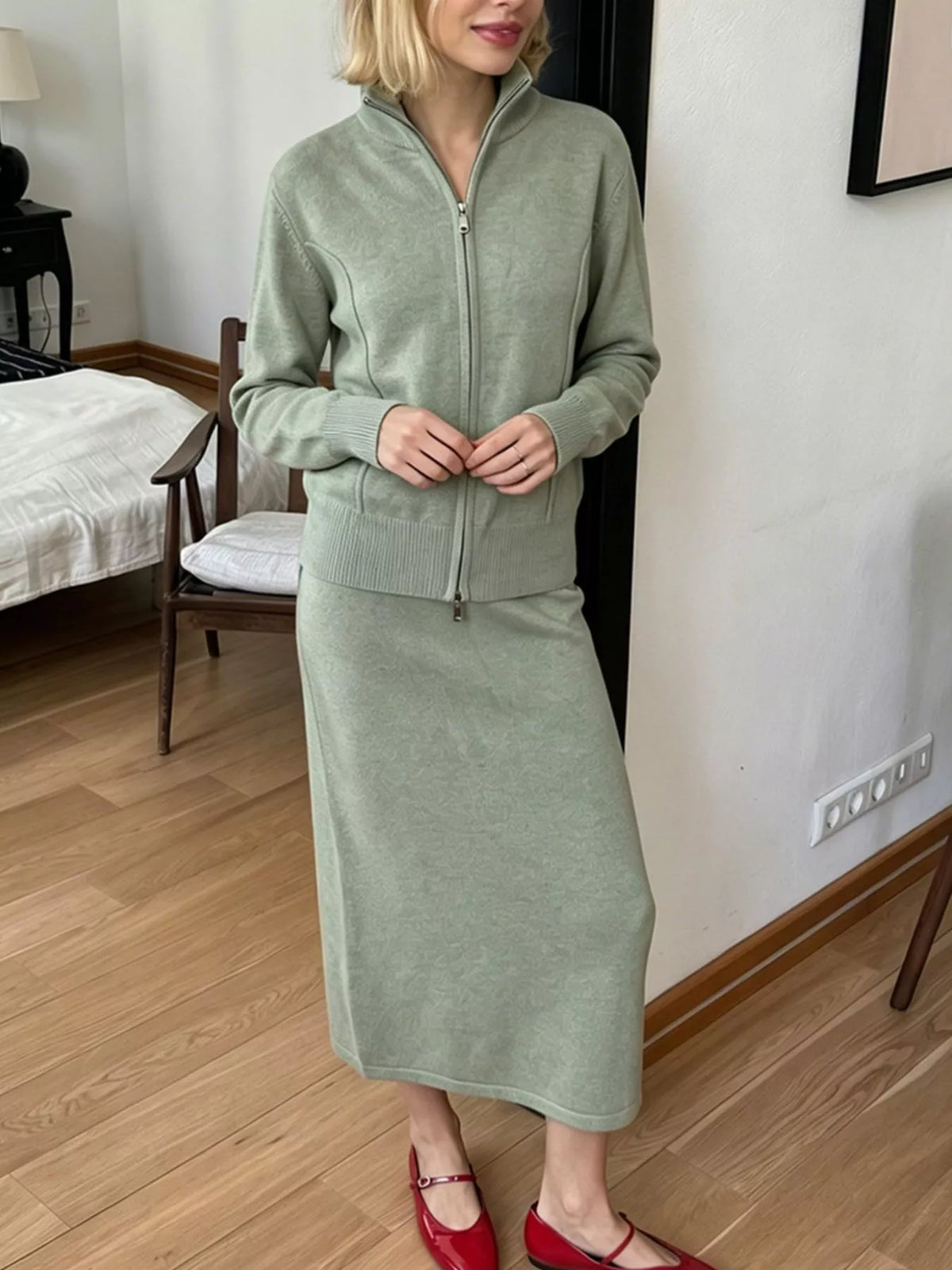 Zip-up cardigan and midi skirt knit set in sage green, front view