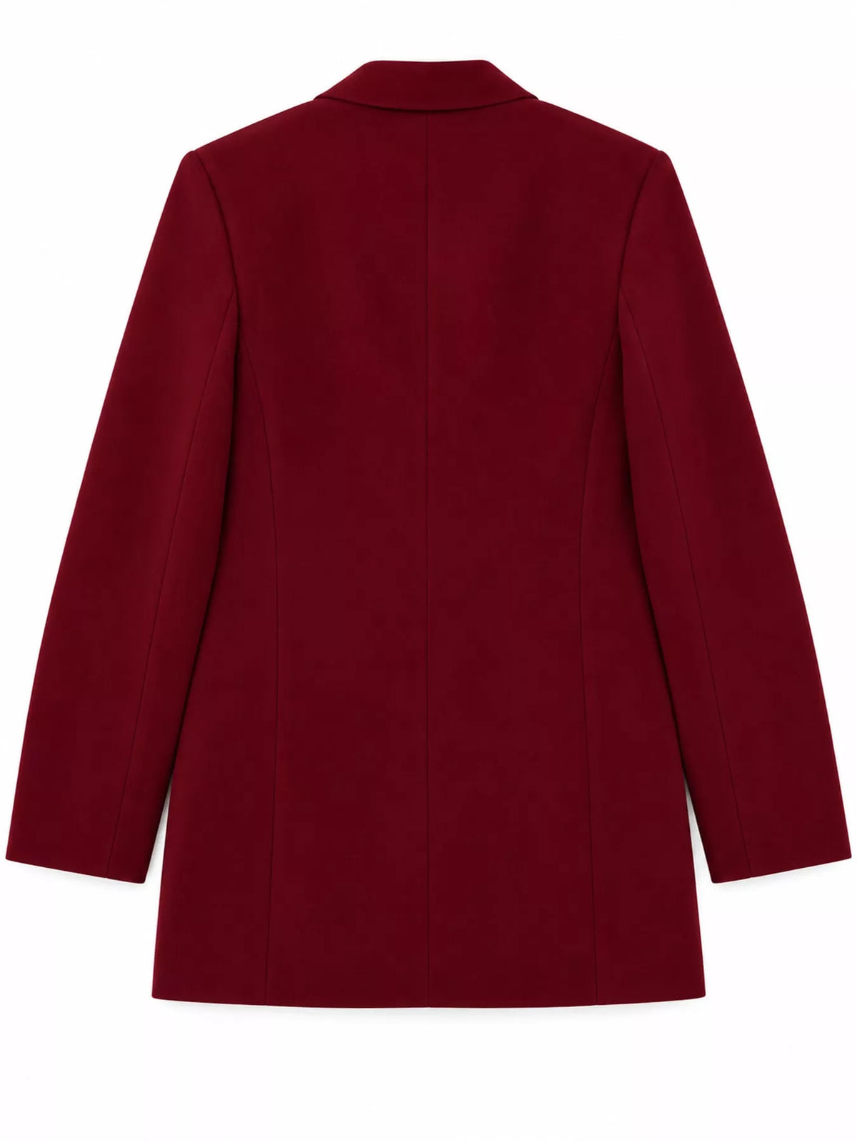 Burgundy double-breasted lapel collar blazer, back view