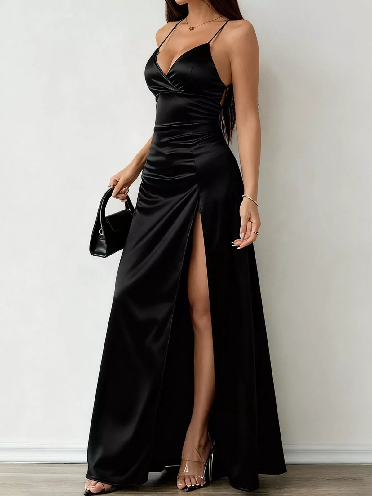 Lace-Up Back Slit Maxi Dress — side view