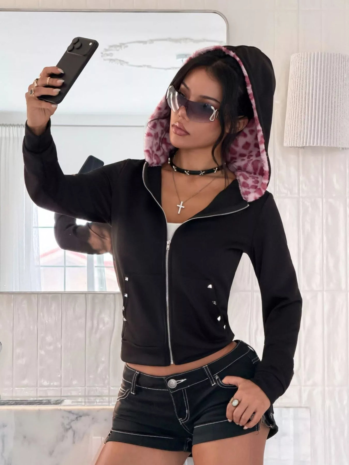 Leopard-trim hoodie, black front with pink leopard hood