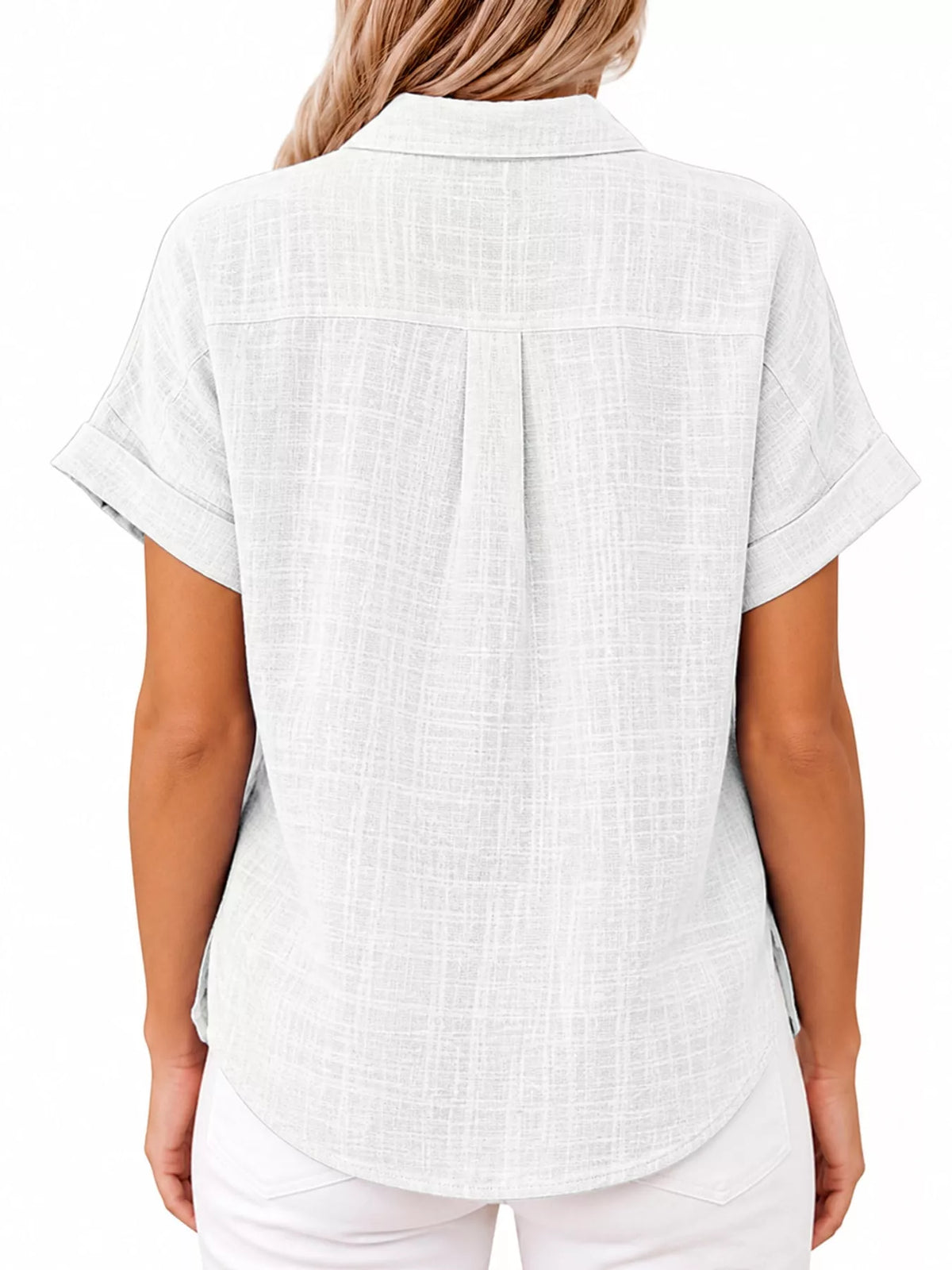 Women's Button Up Short Sleeve Shirt in white — back view