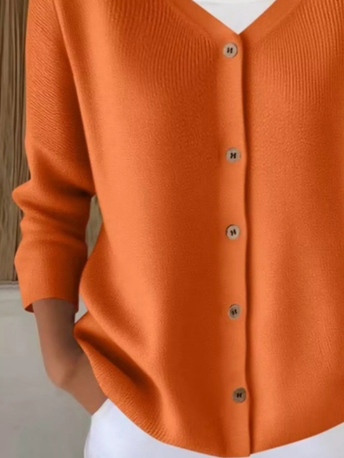 Orange ribbed button-front cardigan, button-front detail