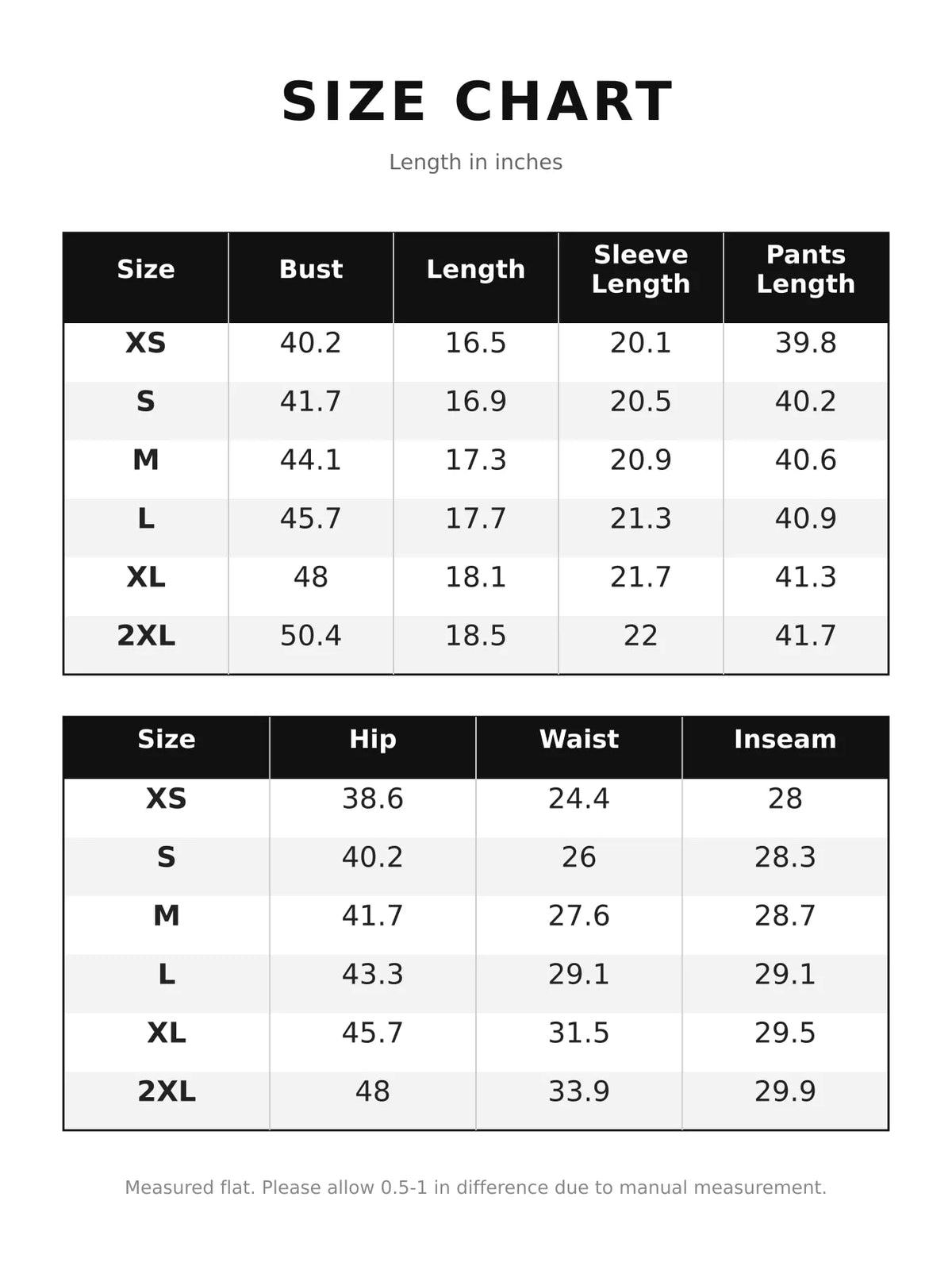 Crop Top and Wide-Leg Sweatpants Set — size and measurement chart