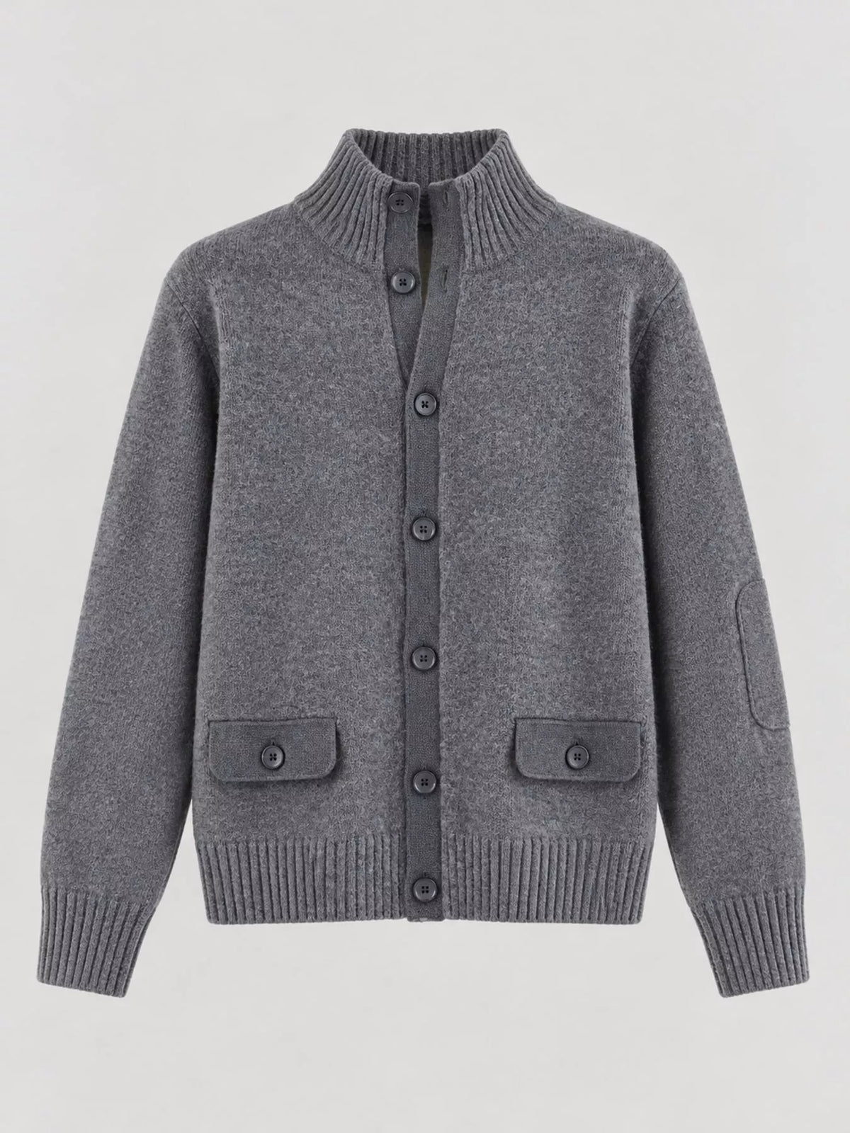Ribbed-Knit Mock Neck Cardigan in gray, front view