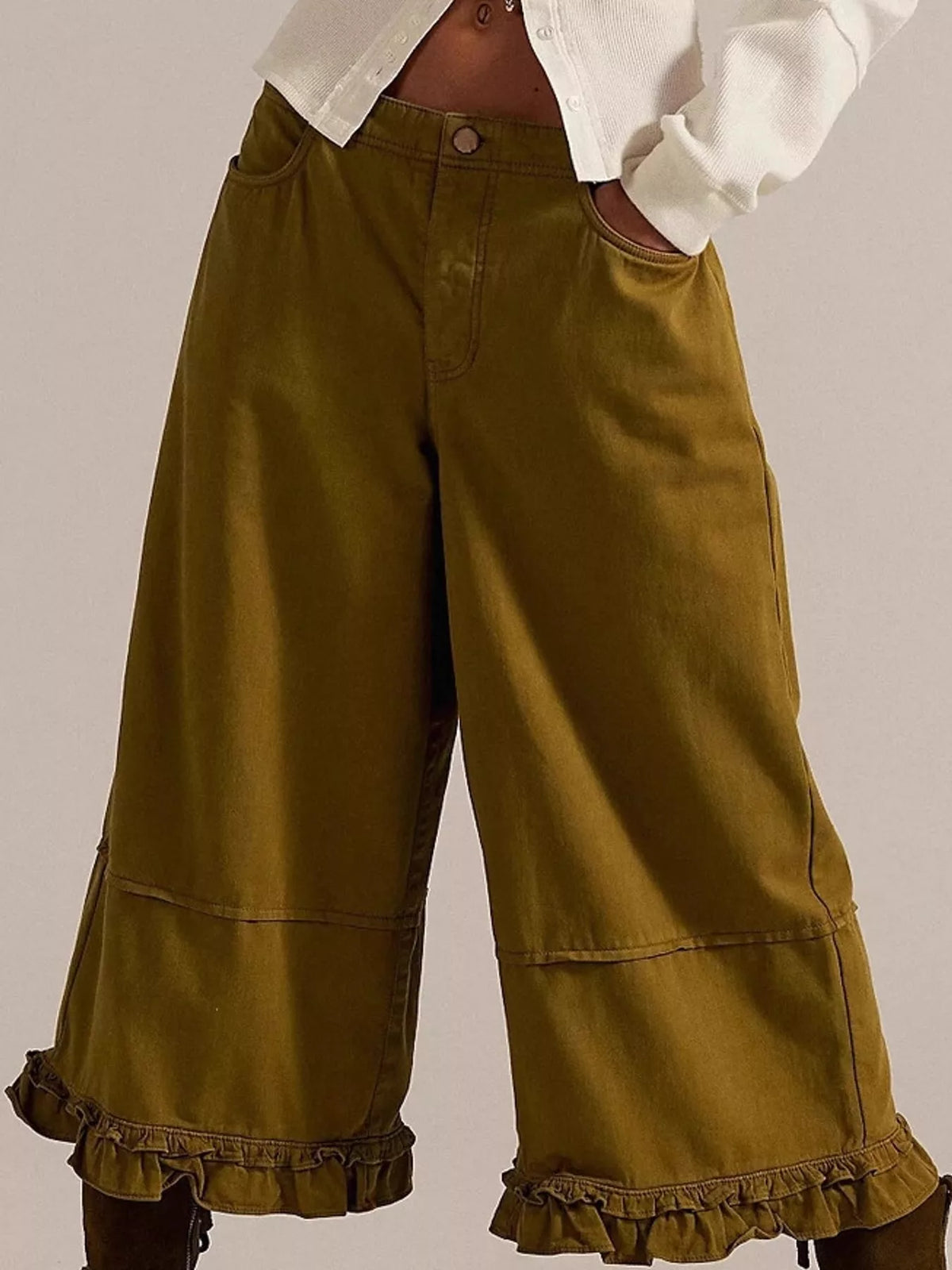 Olive wide-leg ruffle-hem jeans