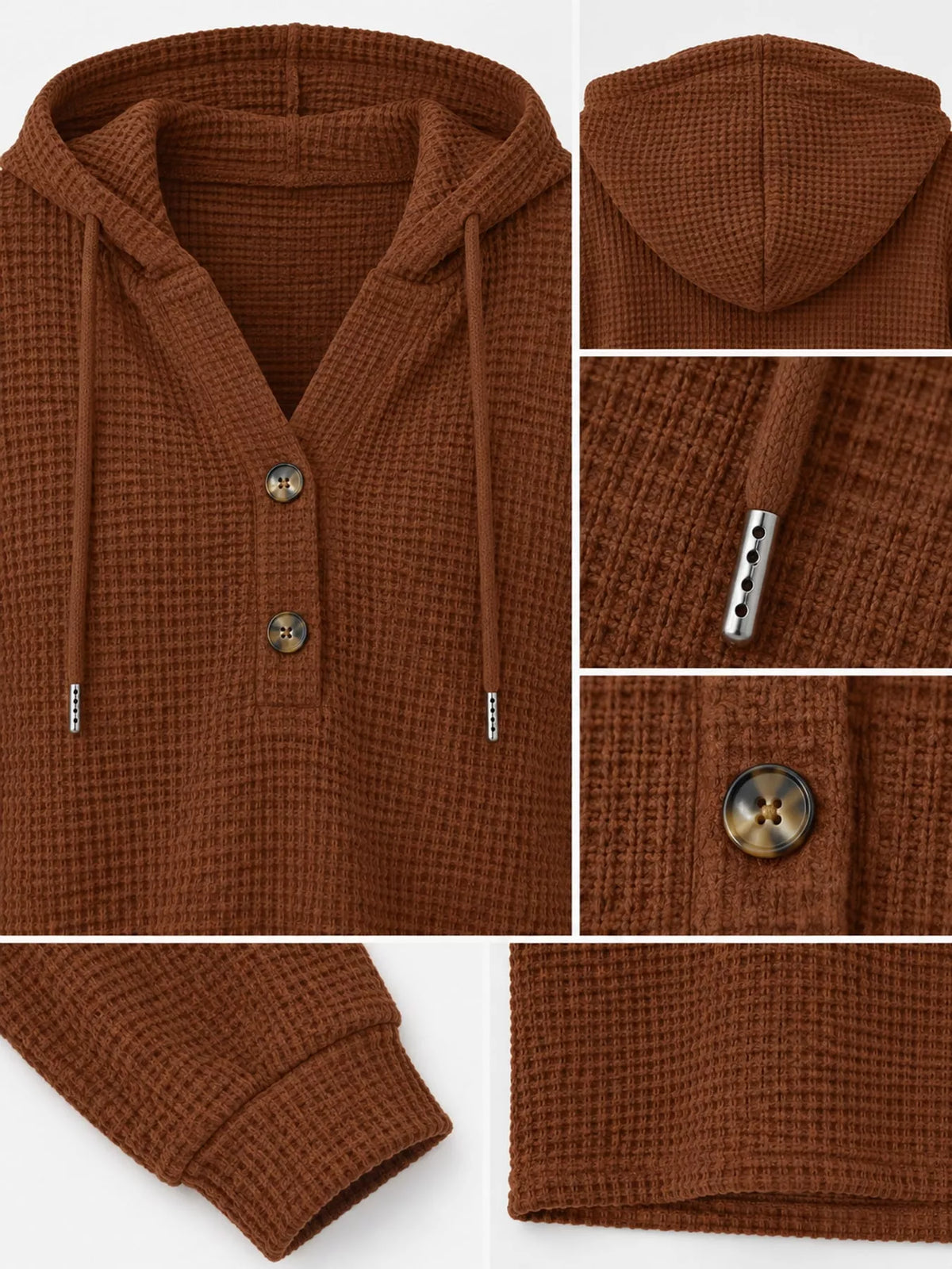 Brown waffle knit button-detail hoodie, hood button cuff and waffle-knit details