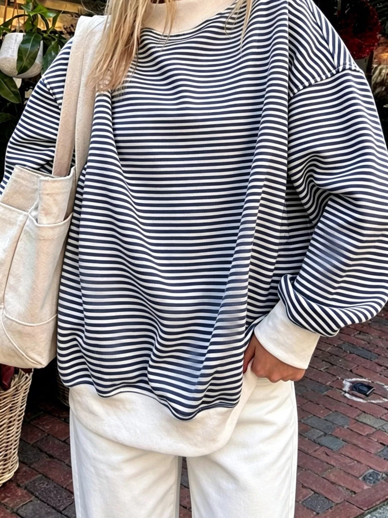 Trendsi Oversized Striped Crew Neck Sweatshirt -