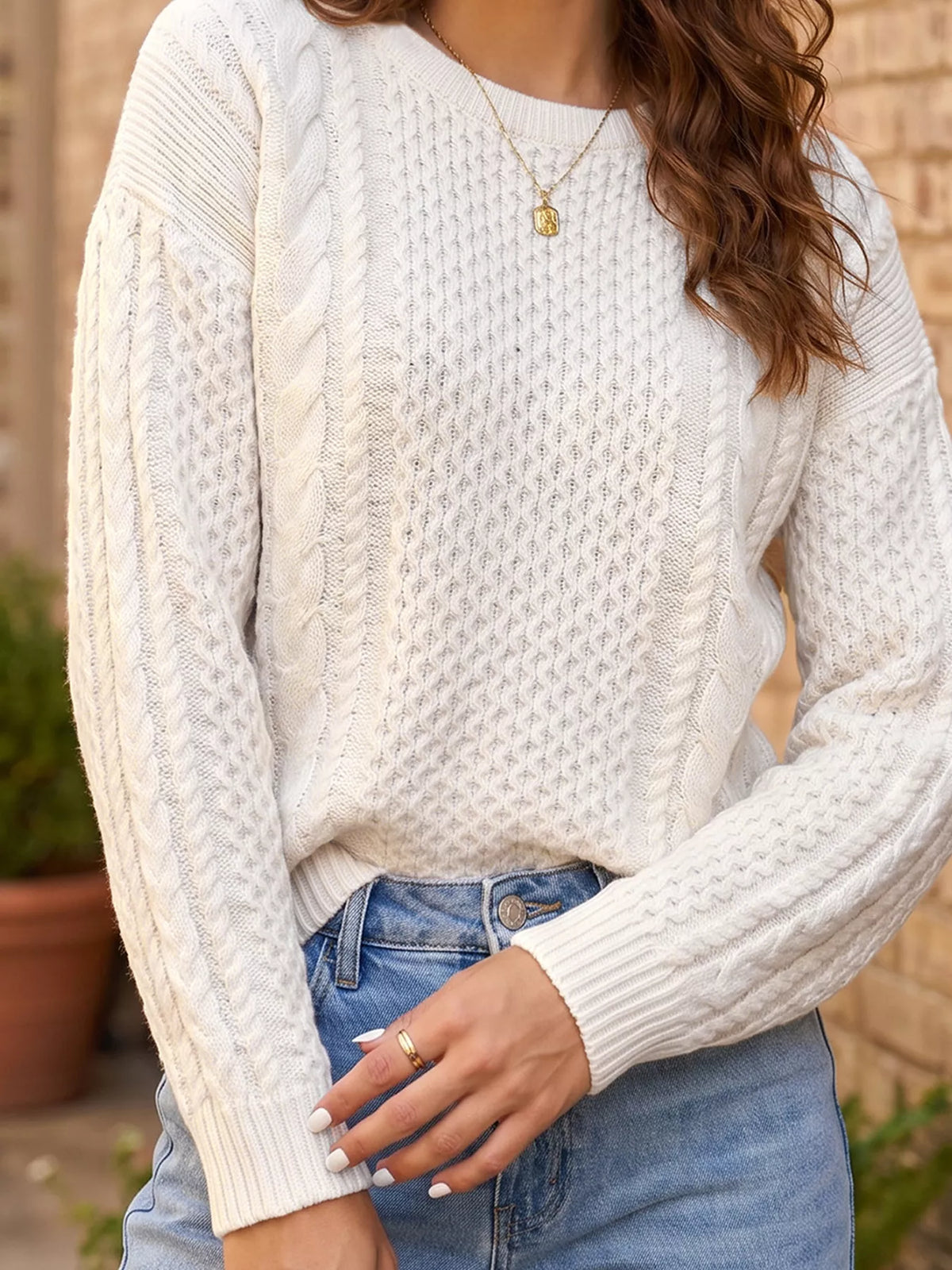 Cable Round Neck Sweater in white, front view