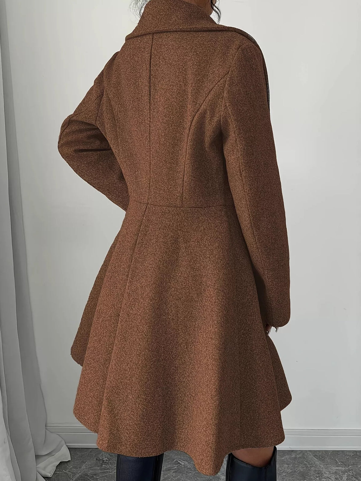 Brown double-breasted flared coat, back view