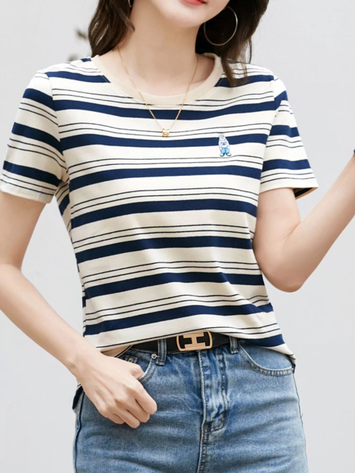 Blue - Striped striped crew neck embroidered t-shirt