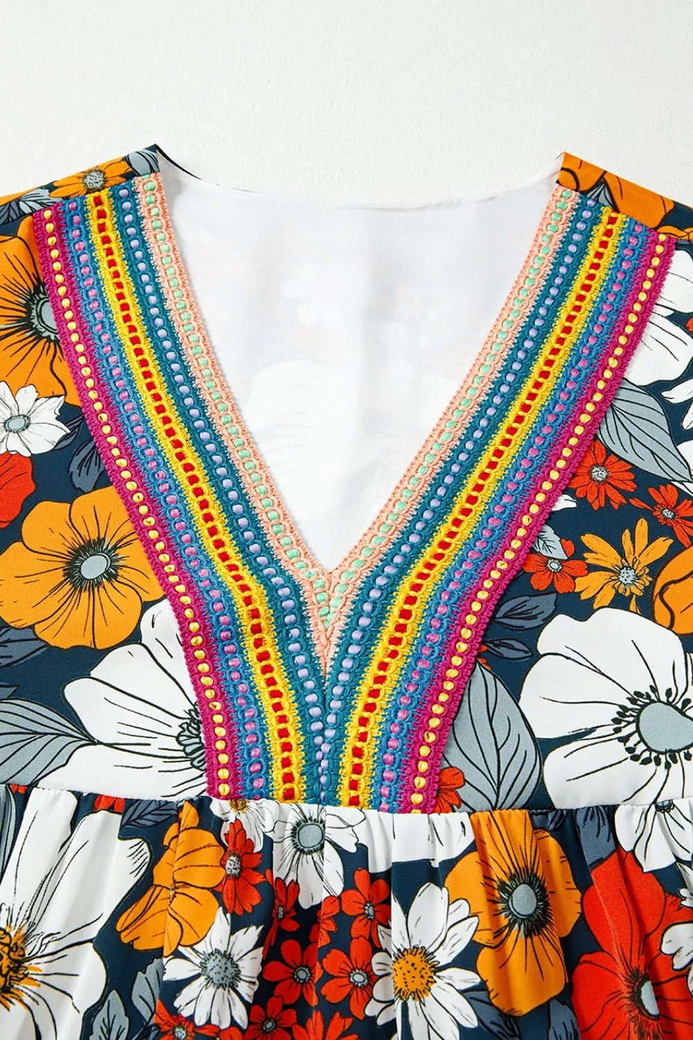 Trendsi Boho Floral Print V-Neck Mini Dress with Pockets - Dresses