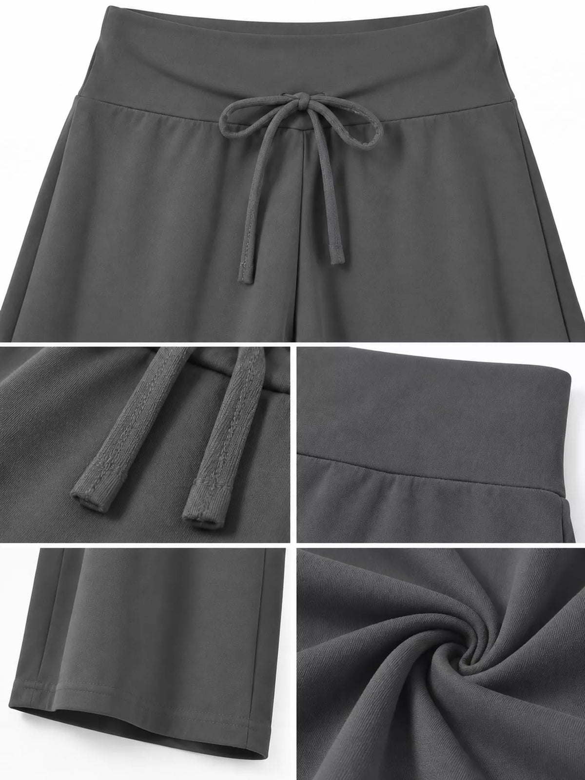 Gray drawstring wide-leg pants — design and construction details