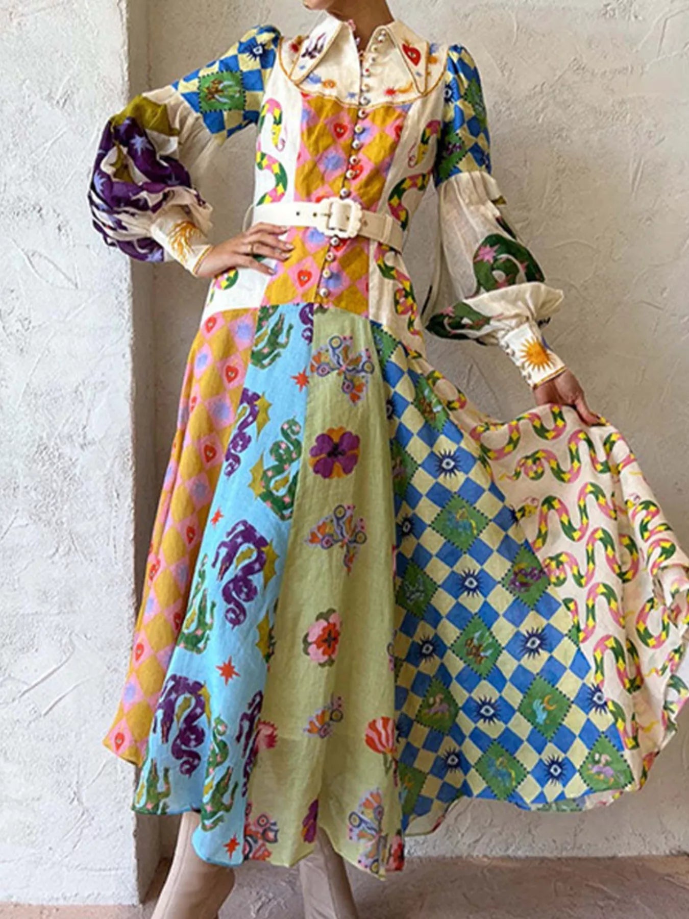 Trendsi Full Size Printed Lantern Sleeve Maxi Dress Plus Size -