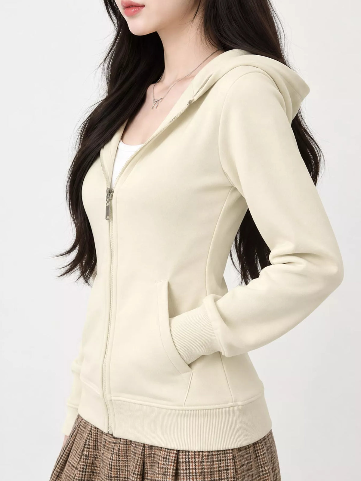 Cream slim fit full zip hoodie, side view