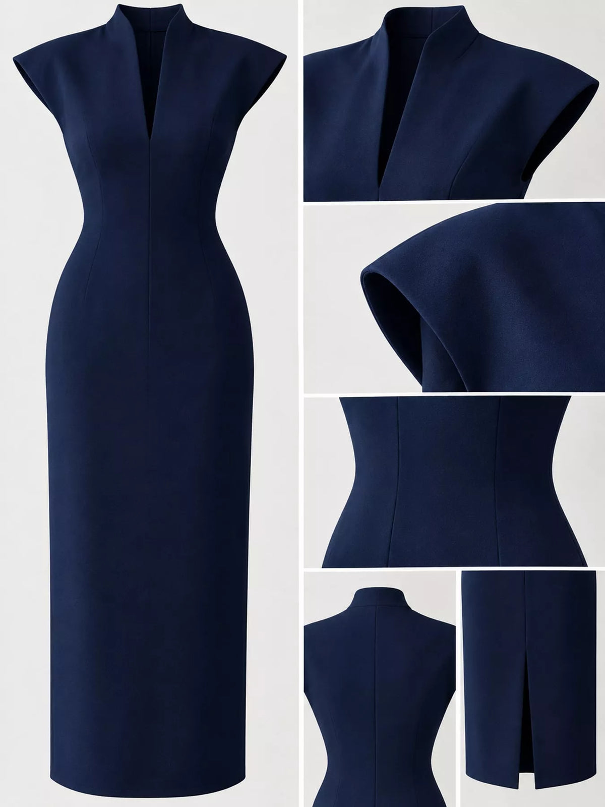 Women's Slit Sleeveless Bodycon Midi Dress in navy — detail collage view