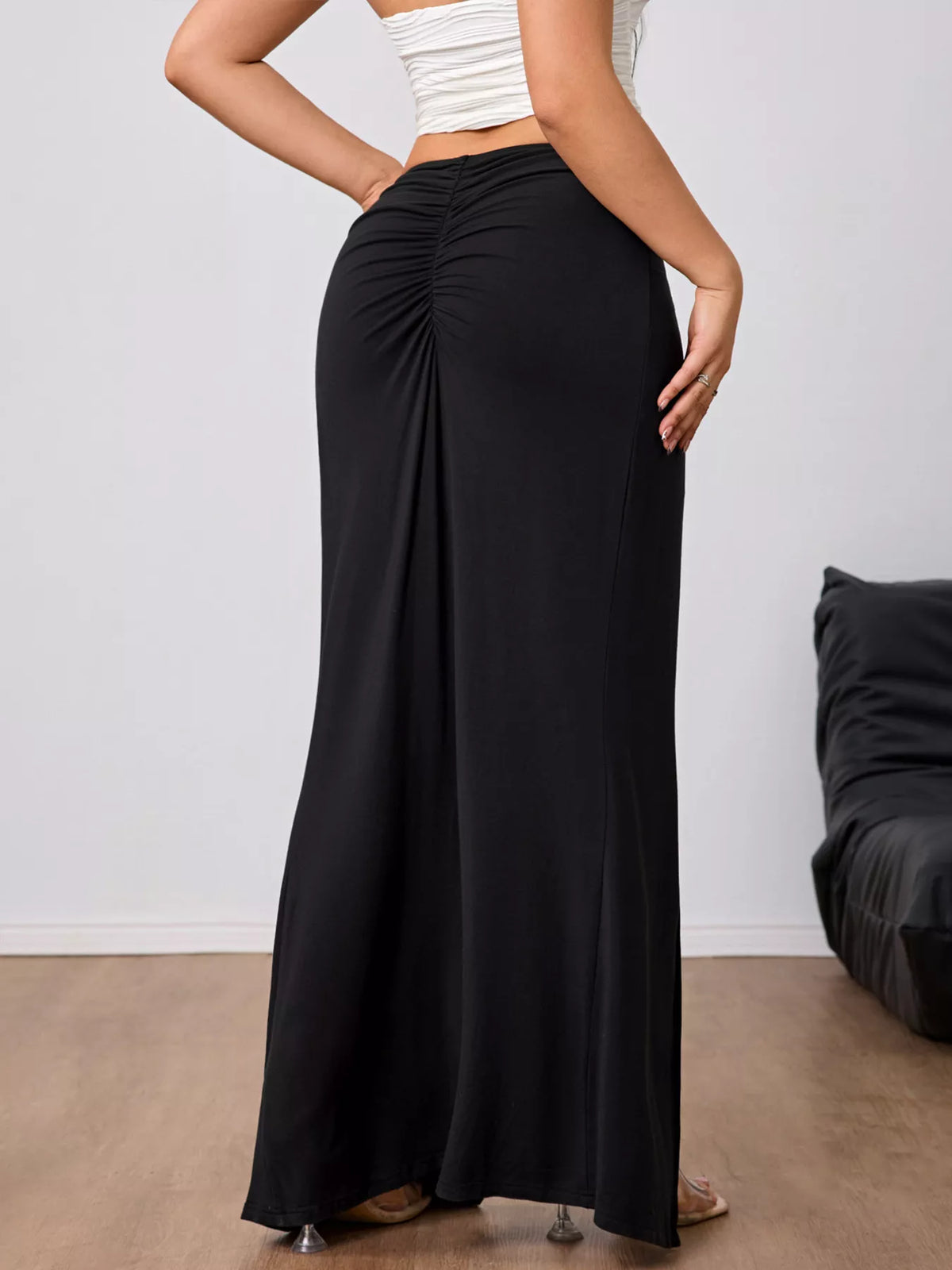 Women's Slit Twist-Front Bodycon Maxi Skirt in Black, close-up detail