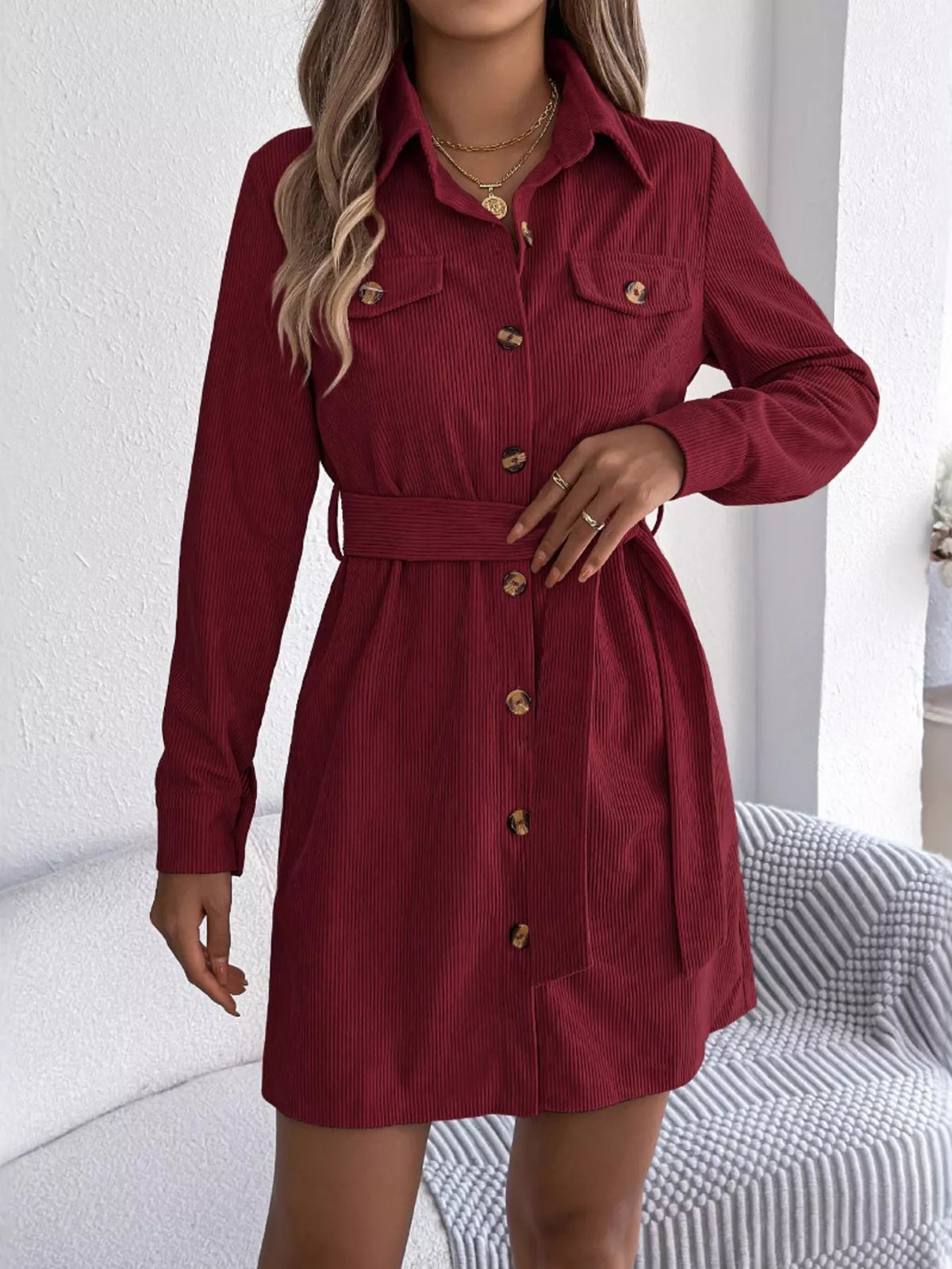 Corduroy Button-Down Shirt Dress in burgundy, front view