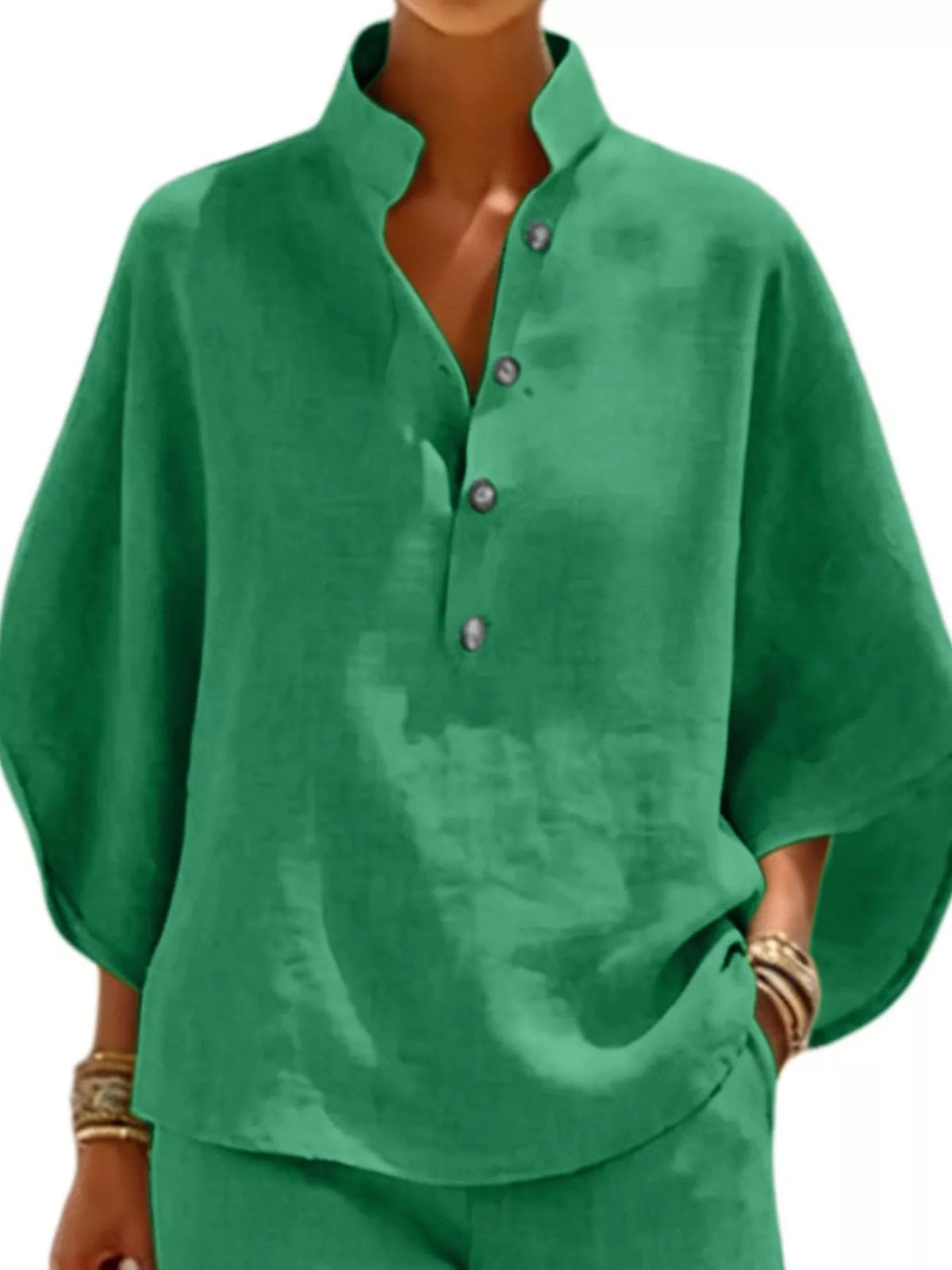 Button Detail Loose Fit Top and Shorts Set in green, top detail